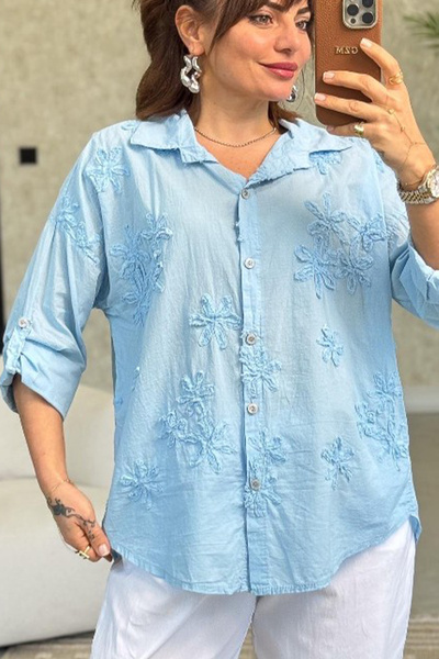 AYASOFYA OTANTIK Women's Italian Baby Blue Starflower Embossed Embroidery Det...