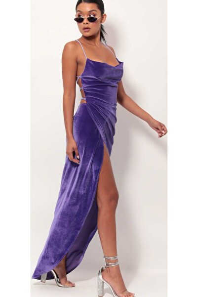 Hanife Glam Couture Hanife Glam sırt dekolteli yırtmaçlı kadife elbise