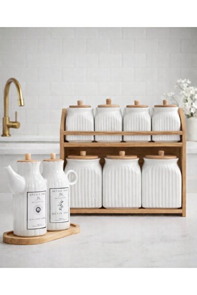 Pembelia Life 11 Parça Bambu Standlı 2’li Yağdanlık Set Ve Ahşap Standlı Pors...