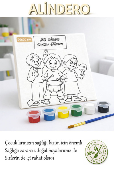Alindero Çocuk boyama tuval seti 23 NİSAN/3 6 lı akrilik boya + fırça + hazır...