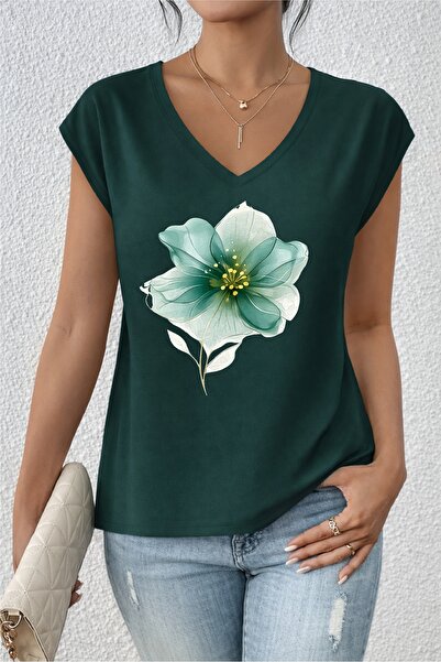 mercoledi Floral Printed Oversize V-Neck T-Shirt Casual Boyfirend