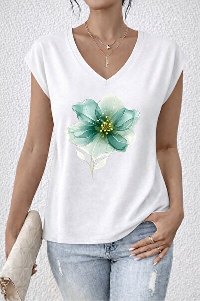 mercoledi Floral Printed Oversize V-Neck T-Shirt Casual Boyfirend