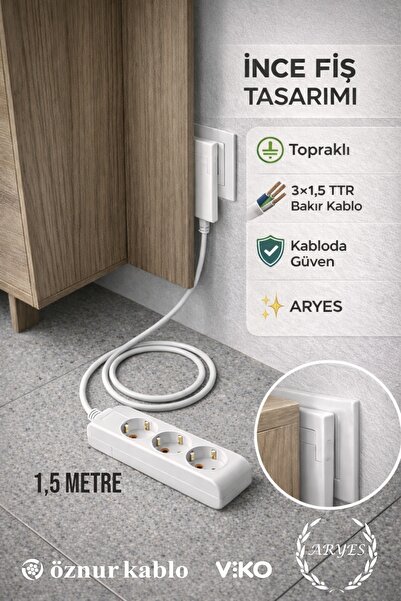 Aryes 3lü Beyaz Priz 1.5m İnce Fiş Uzatma Kablosu %100 Bakır Kablo Mobilya Ar...