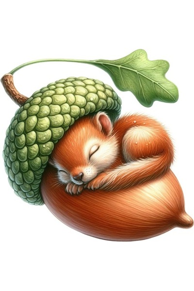 OEM Autocolant decorativ, Veveriță dormind în ghindă, maro