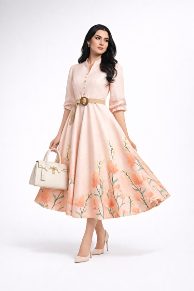 Abad فستان تركي راقي باللون المشمشي مزين بحواف موردة