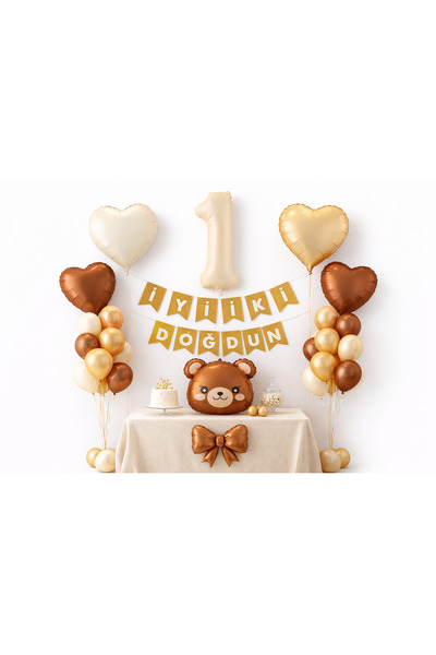 eğlencemarketi 1 Yaş Teddy Ayı Doğum Günü Balon Seti Gold Krem Kahverengi Kon...