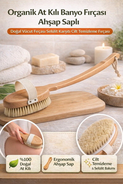 Hane Dostu Organik At Kılı Banyo Fırçası Ahşap Saplı – Doğal Vücut Fırçası Se...