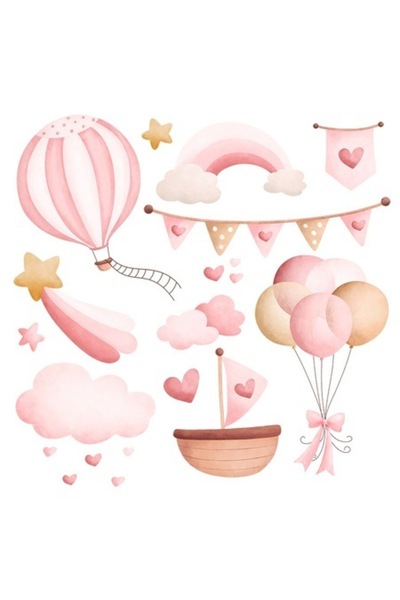OEM Декоративен стикер, Момиченце, Балони, Облаци