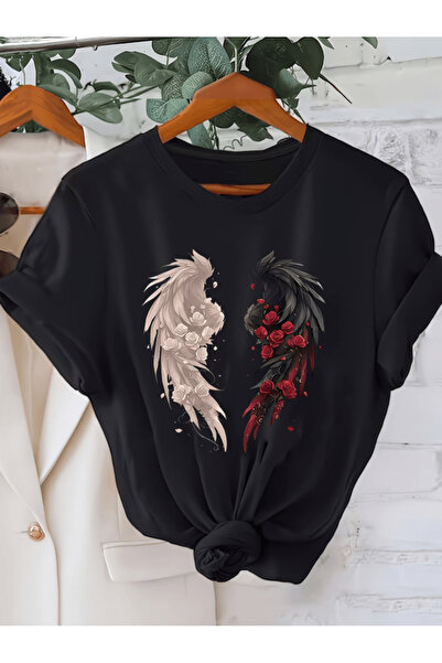 gencerco Μπλουζάκι Premium Oversize με γραφικό σχέδιο φτερού και τριαντάφυλλου