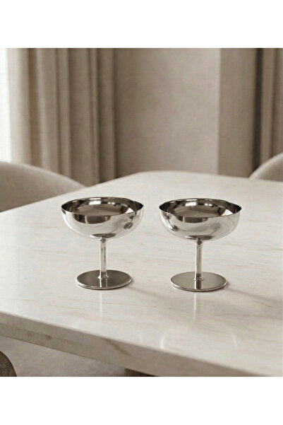 Maglor Lüx Gümüş 2 adet Ayaklı Paslanmaz Çelik Dordurma, Tatlı ve Sunum Kases...