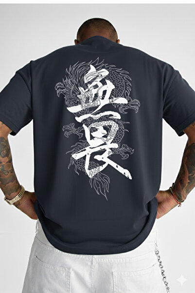 VEK Oversized Japanese Dragon Printed T-Shirt Tokyo Kanji Back Printed Street...