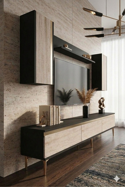 YUMEDİ DESİGN TVR1898ATG - CHERRY TV ÜNİTESİ TAKIMI 180CM ANTRASİT-TRAVERTEN-...