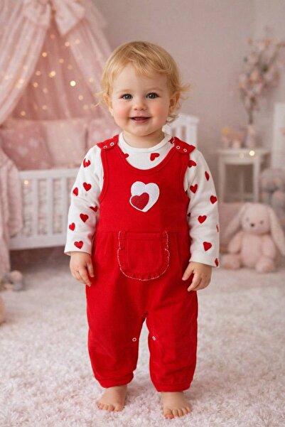 Babexi Kız Bebek Kalpli Kırmızı Salopet Takım – Uzun Kollu Kalp Desenli Body ...