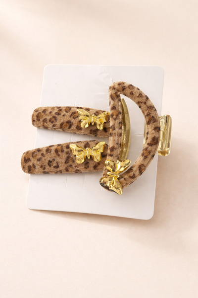 Srctech Açık Kahve Renk Kelebek Figürlü Leopar Desenli Mandal Toka Ve Yan Tok...