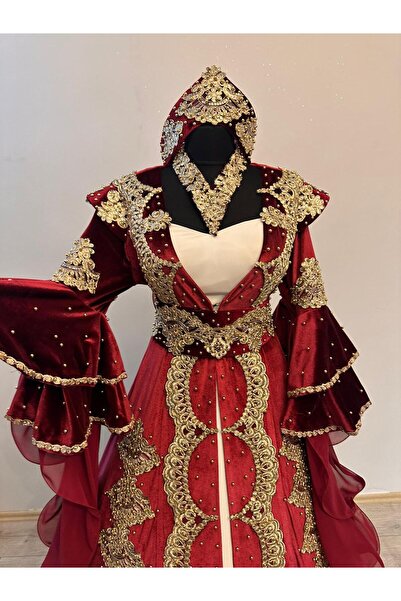 ZK ZÜMRÜT KAFTAN Bordo Kadife Altın İşlemeli Bindallı Kaftan Takımı – Taç, Ke...