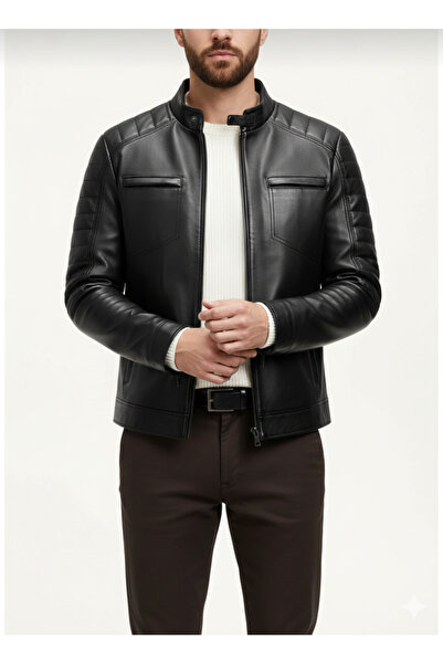 Savran Deri Pars Sport Cut Men's Black Genuine Leather Coat