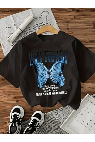 gencerco تي شيرت بلو بترفلاي مطبوع بريميوم كبير الحجم