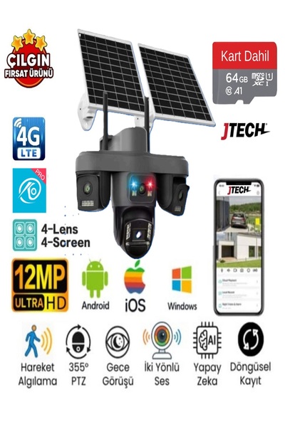 jtech O-Kam Pro OK-335 PREMiUM 4G 12MP Sim Kartlı Solar Panelli Çakarlı 4 Len...