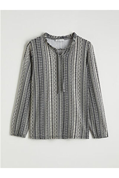 LC Waikiki M1 Sezon Black Tie-Detail Collar Patterned Blouse