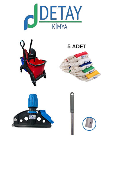 DETAY KİMYA Çift Kovalı Plastik Temizlik Arabası Paspas Arabası Islak Mop Set...