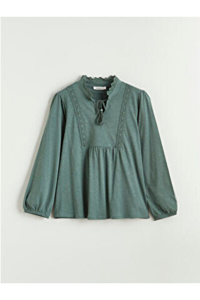 LC Waikiki M1 Sezon Green Tie-Detail Collar Embroidered Ruched Blouse