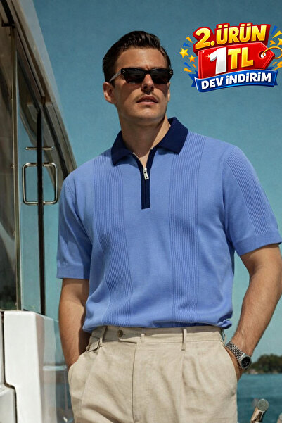 DAMGA JEANS Men's Striped Premium Comfort Blue Polo Neck T-Shirt