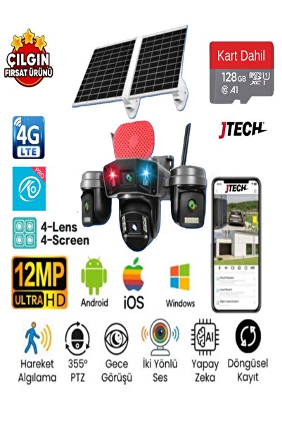 jtech O-Kam Pro OK-336 PREMiUM 4G 12MP Sim Kartlı Solar Panelli Çakarlı 4 Len...