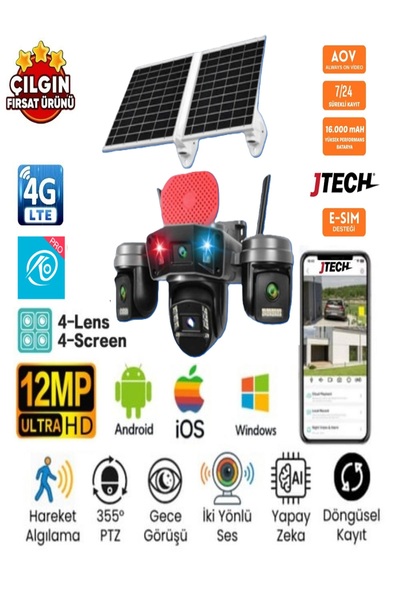 jtech O-Kam Pro OK-336 PREMiUM 4G 12MP Sim Kartlı Solar Panelli Çakarlı 4 Len...