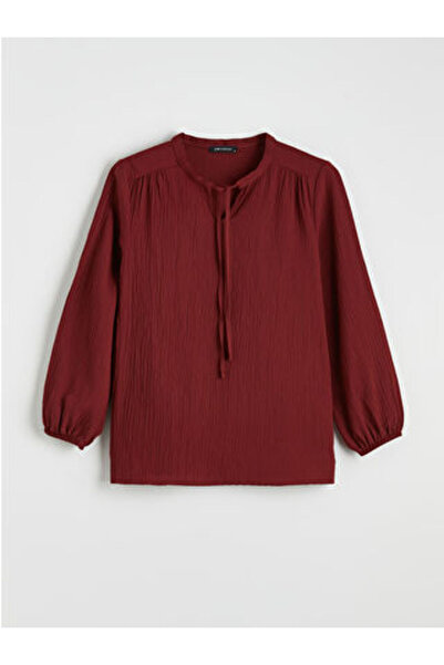 LC Waikiki M1 Sezon Claret Red Tie-Detail Collar Textured Blouse