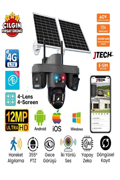 jtech O-Kam Pro OK-335 PREMiUM 4G 12MP Sim Kartlı Solar Panelli Çakarlı 4 Len...