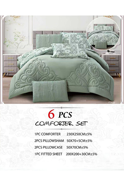 genric 6Pc Reversible Comforter Set 240x260cm Comforter with 2 Pillowshams 2 Pillowcases & Fitted Sheet