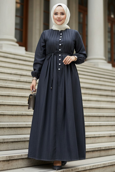 N.S NEVA STYLE Μαύρο τζιν φόρεμα χιτζάμπ με κουμπιά 19175S