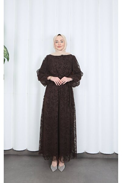 HNT Hayrunnisa Tesettür Flok Baskılı Astarlı Kuşaklı Tül Elbise Kahverengi HN...