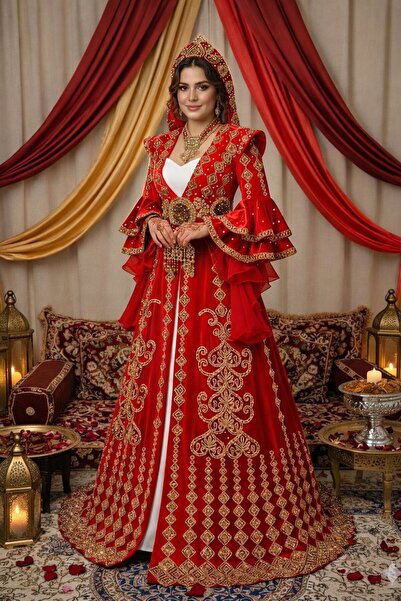 ZK ZÜMRÜT KAFTAN Kırmızı Renk Gold İşlemeli Bindallı Kaftan Takımı