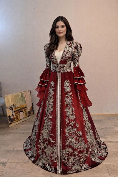 ZK ZÜMRÜT KAFTAN Bordo Renk İşlemeli Bindallı Kaftan Takımı