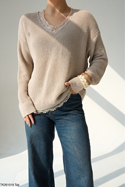 Lupies Women's Beige Lace Detailed V-Neck Knitwear Sweater