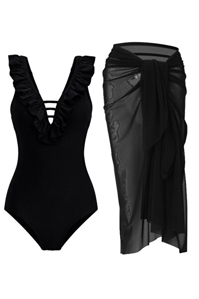 CUPSEA طقم ملابس سباحة أسود بتصميم مكشكش من الأمام وفعال في التنحيف، طقم باري...