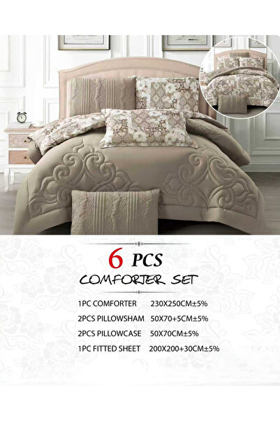 genric 6Pc Reversible Comforter Set 240x260cm Comforter with 2 Pillowshams 2 Pillowcases & Fitted Sheet