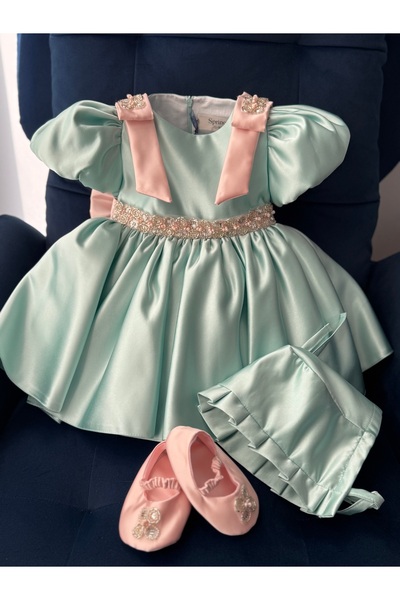 SPRINCO turkuaz işlemeli elbise , ayakkabı şapka set