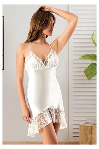 Viselya Satin Nightgown with Lace Detail and Straps
