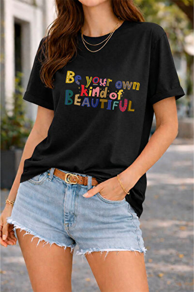 YUNAYT تي شيرت نسائي برقبة دائرية وتفاصيل طباعة كبيرة الحجم