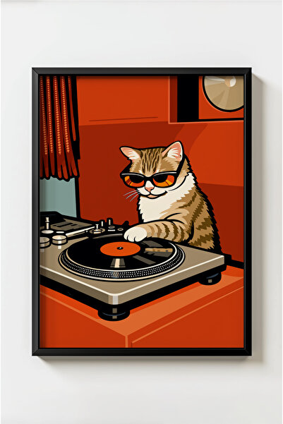 MIOVI WORKS DJ Cat | Siyah Çerçeveli Modern Kedi Poster Müzik Temalı Minimal ...