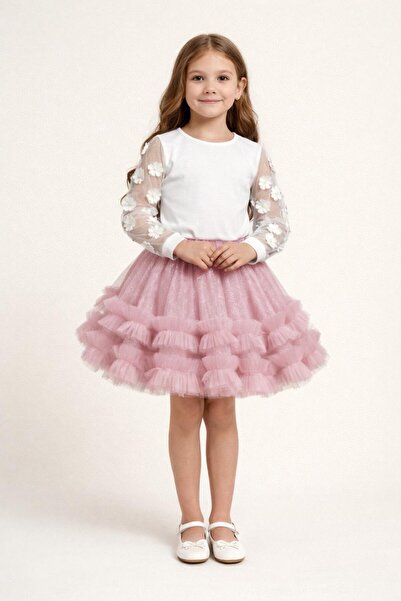 Nacar Kız Çocuk Şık Tüllü Etek ve Şık Bluz Takımı