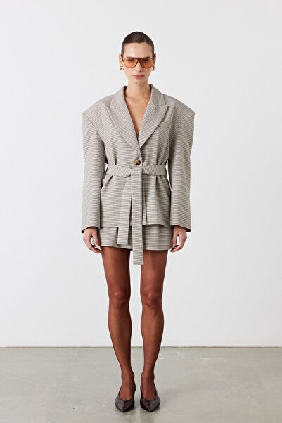 FACETTE Lumen Padded Shoulders Plaid Jacket Brown