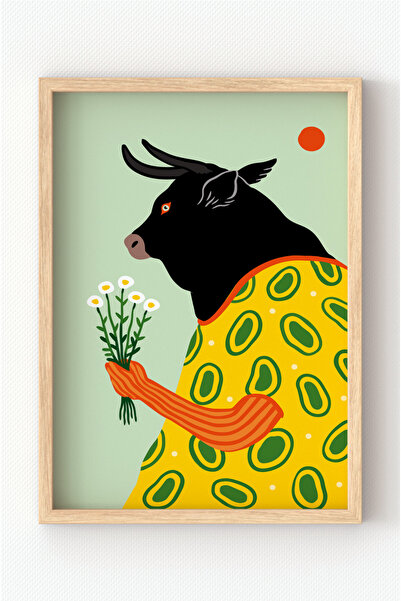 MIOVI WORKS Çiçek Tutan Boğa | Çerçeveli Sanatsal Modern Poster Minimal Duvar...