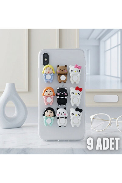 9'lu Özel Tasarım Figürlü Telefon ve Tablet Süsü Seti - Sevimli Karakterler & Pop-Socket Uyumlu