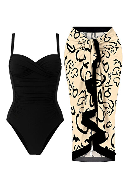 CUPSEA Women's Shaping / Sculpting Draped Black Swimsuit Abstract Patterned P...