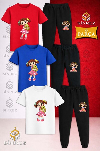 SİNREZ Children's Girls Turtle on Sleeves Printed 3-Piece T-Shirt Tracksuit Set