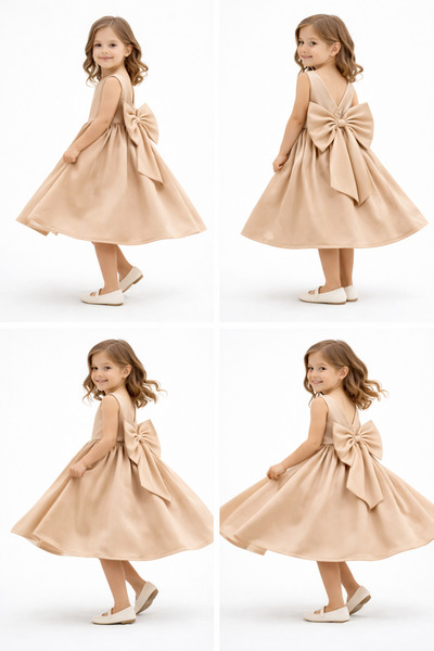 THEQUEST Girl's Beige Satin Big Bow Evening Gown - Backless Special Occasion ...