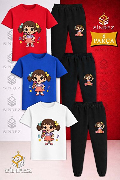 SİNREZ Children's Girls Microphone Printed 3-Piece T-Shirt Tracksuit Set